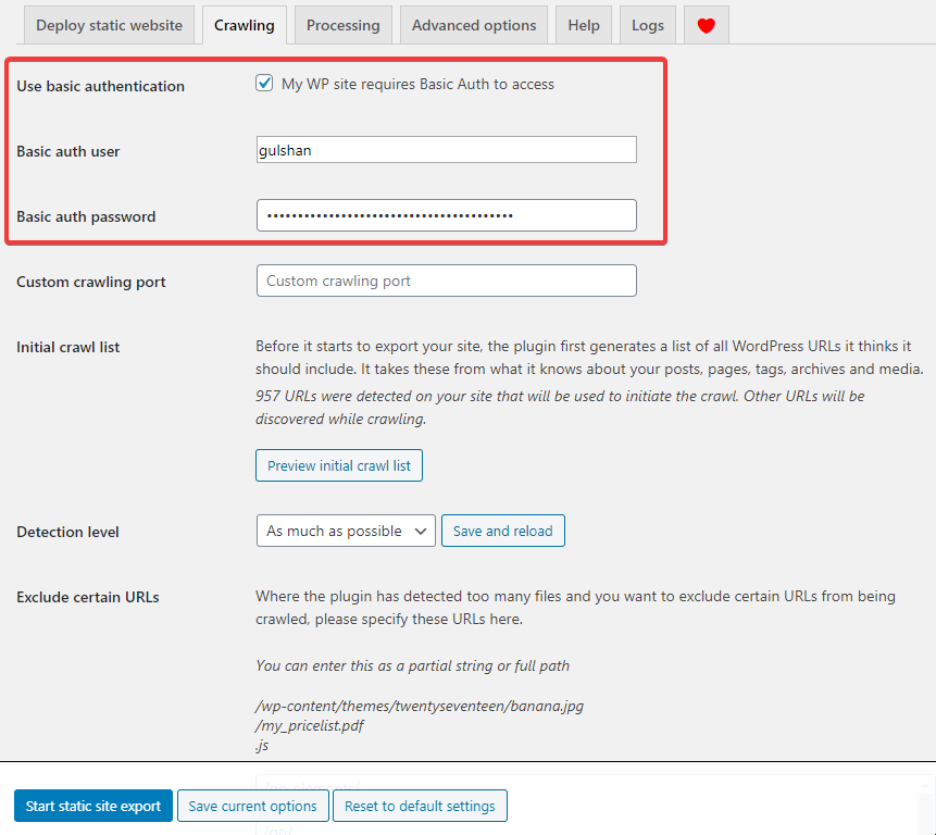 basic http auth wp2static