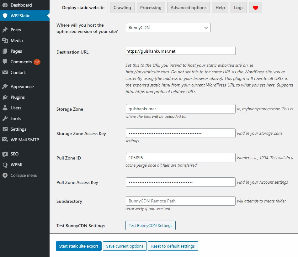 wp2static settings