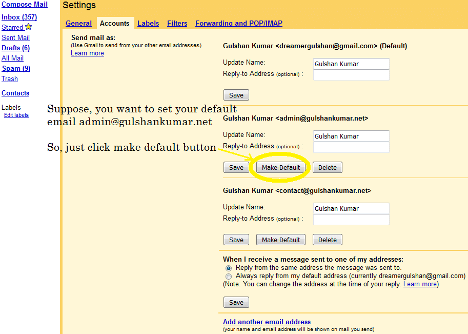 set default custom email address in gmail