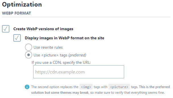 imagify plugin webp settings