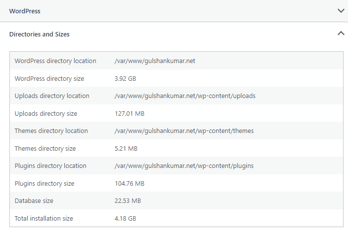 Checking WordPress Installation Size in WordPress Site Health