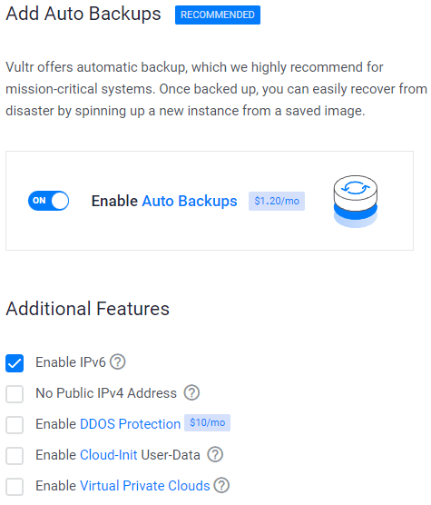 Enable Backup and IPV6 at Vultr