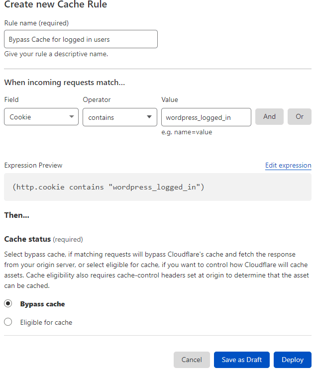 bypass WordPress cache for logged in users via cookies in Cloudflare